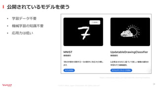 ©2021 Yahoo Japan Corporation All rights reserved.
公開されているモデルを使う
18
https://developer.apple.com/jp/machine-learning/models/
• 学習データ不要
• 機械学習の知識不要
• 応⽤⼒は低い
 