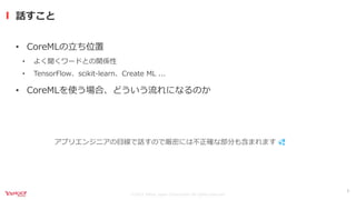 ©2021 Yahoo Japan Corporation All rights reserved.
• CoreMLの⽴ち位置
• よく聞くワードとの関係性
• TensorFlow、scikit-learn、Create ML ...
• CoreMLを使う場合、どういう流れになるのか
話すこと
5
アプリエンジニアの⽬線で話すので厳密には不正確な部分も含まれます 💦
 