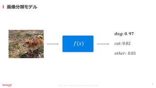 ©2021 Yahoo Japan Corporation All rights reserved.
画像分類モデル
9
𝒅𝒐𝒈: 𝟎. 𝟗𝟕
𝑓(𝑥)
𝑜𝑡ℎ𝑒𝑟: 0.01
𝑐𝑎𝑡: 0.02
 