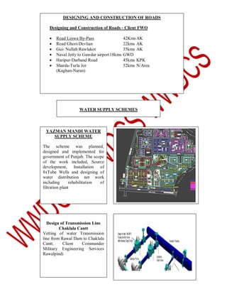 DESIGNING AND CONSTRUCTION OF ROADS
Designing and Construction of Roads - Client FWO







Road Leswa By-Pass
Road Ghori-Devlian
Gui- Nullah Rawlakot
Naval Jetty to Gawdar airport 18kms
Haripur-Darband Road
Sharda-Turla Jor
(Kaghan-Naran)

42Kms AK
22kms AK
35kms AK
GWD
45kms KPK
52kms N/Area

WATER SUPPLY SCHEMES

YAZMAN MANDI WATER
SUPPLY SCHEME
The scheme was planned,
designed and implemented for
government of Punjab. The scope
of the work included, Source
development,
Installation of
8xTube Wells and designing of
water distribution net work
including
rehabilitation
of
filtration plant

Design of Transmission Line
Chaklala Cantt
Vetting of water Transmission
line from Rawal Dam to Chaklala
Cantt.
Client
Commander
Military Engineering Services
Rawalpindi

 