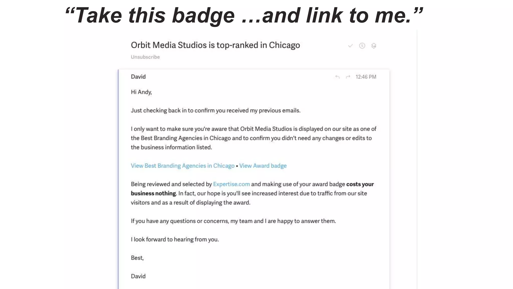 “Take this badge …and link to me.”
 