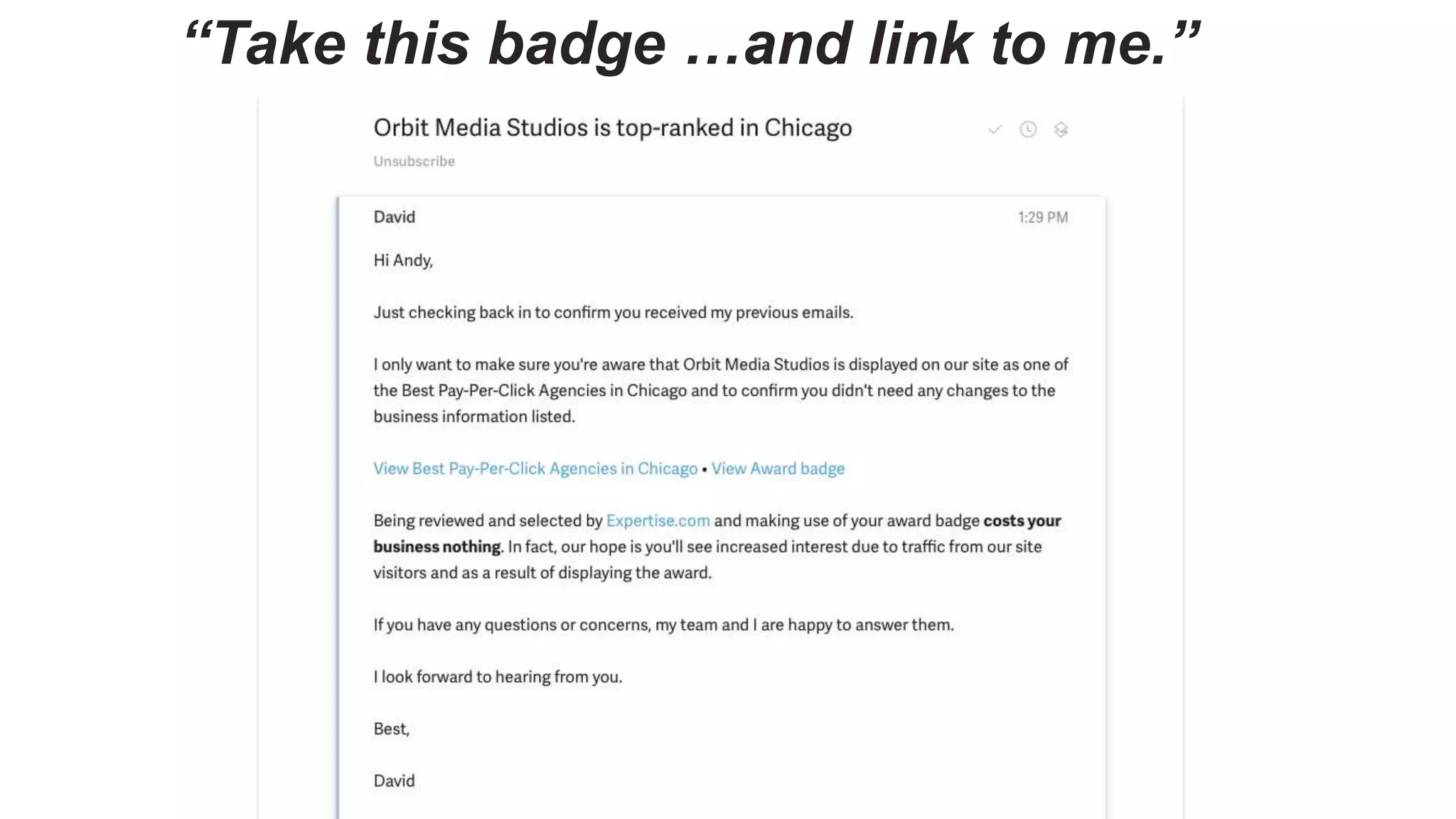 “Take this badge …and link to me.”
 
