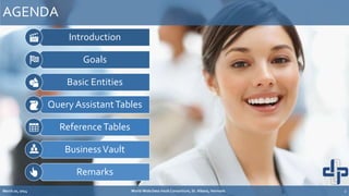 Introduction
Goals
Basic Entities
Query AssistantTables
ReferenceTables
BusinessVault
Remarks
AGENDA
March 20, 2014 World-Wide Data Vault Consortium, St. Albans, Vermont 2
 