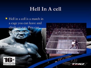 Hell In A cell Hell in a cell is a match in a cage you can leave and climb on top. Pins can happen any were.  