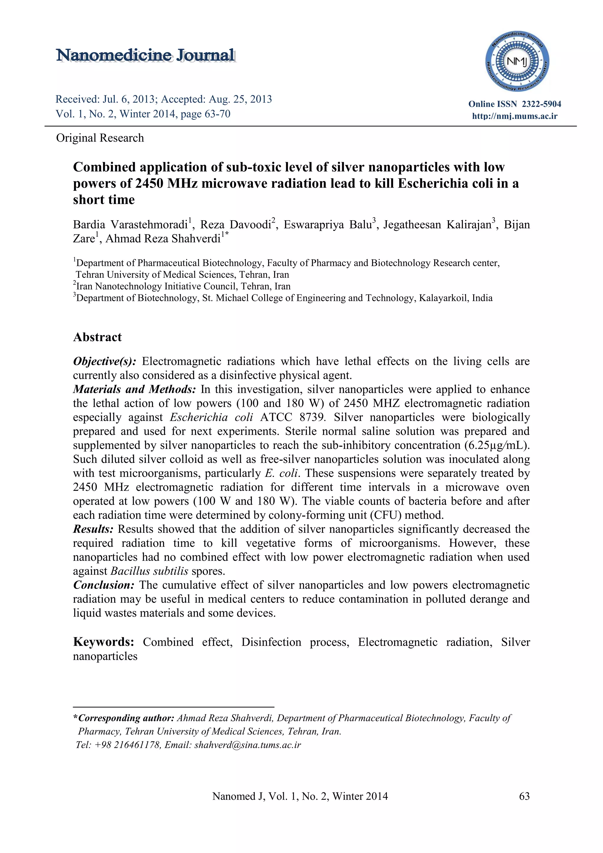 Combined application of subtoxic level of silver nanoparticles with low powers of 2450 MHz
