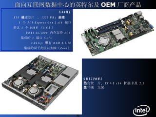 面向互联网数据中心的英特尔及 OEM 厂商产品 X38ML X38  高速芯片组， 1333 MHz  前端总线 1  个  PCI-Express Gen 2 x16  接口 多达  4  个  DIMM （ 8 GB ）   DDR2 667/800  内存支持  ECC 集成的  4  端口  SATA  3.0Gb/s  带有  RAID 0,1,10 集成的双千兆位以太网（ Zoar ） SR1520ML  包含散热片、 PCI-E x16  扩展卡及  2.5  英寸硬盘支架 