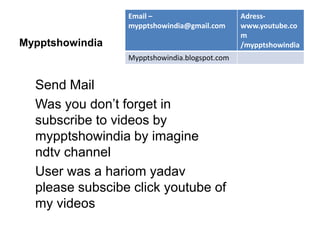 MypptshowindiaSend Mail Was you don’t forget in subscribe to videos by mypptshowindia by imagine ndtv channelUser was a hariom yadav  please subscibe click youtube of my videos 