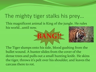 The mighty tiger stalks his prey…
This magnificent animal is King of the jungle. He rules
his world…until now.
The Tiger slumps onto his side, blood gushing from the
bullet wound. A hunter slides from the cover of the
dense trees and pulls out a small hunting knife. He skins
the tiger, throws it’s pelt over his shoulder, and leaves the
carcass there to rot.
 