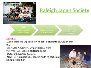 Raleigh Japan Society
1984
Denso started to
sponsor the RI
1987
Sponsor program
was finished
1988~
RJS started to
hold national
expeditons
Activities
-world challenge Expedition: high school students btw Japan and
U.K.
-West Lake Adventure: 20 participants from
Viet man, U.S., Croatia and Bangladesh
-Outdoor Education Projects:
-Now, RJS is supporting Japanese Youth to participate
Raleigh expedition
 