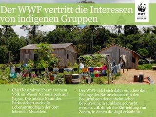 Der WWF vertritt die Interessen
von indigenen Gruppen




 ✓   Chief Kasimirus lebt mit seinem   ✓   Der WWF setzt sich dafür ein, dass die
     Volk im Wasur Nationalpark auf        Belange des Naturschutzes mit den
     Papua. Die intakte Natur des          Bedürfnissen der einheimischen
     Parks sichert auch die                Bevölkerung in Einklang gebracht
     Lebensgrundlagen der dort             werden, z.B. durch die Einrichtung von
     lebenden Menschen.                    Zonen, in denen die Jagd erlaubt ist.
 