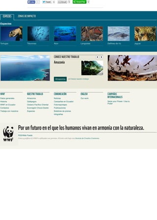 Datos generales
Historia
WWF en Ecuador
Contactos
Trabaja con nosotros
WWF
Amazonía
Galápagos
Océano Pacíﬁco Oriental
Ecorregión Chocó-Darién
Especies
NUESTROTRABAJO
Noticias
Campañas en Ecuador
Fotorreportajes
Publicaciones
Boletines de prensa
Infografías
COMUNICACIÓN
Our work
ENGLISH
Seize your Power / Usa tu
Poder
CAMPAÑAS
INTERNACIONALES
RSS/Web Feeds
Porunfuturoenelqueloshumanosvivanenarmoníaconlanaturaleza.
Fotos y gráficos © WWF o utilizados con permiso. El texto está bajo una licencia de Creative Commons.
0LikeLike
ESPECIES ZONASDEIMPACTO
Tortugas Tiburones Atún Langostas Delﬁnes de río Jaguar
Especies
AmazoníaAmazonía
CONOCENUESTROTRABAJO
Amazonía
or Conoce nuestro trabajo
0 1 1
 
