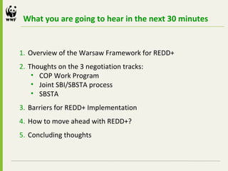 1. Overview of the Warsaw Framework for REDD+
2. Thoughts on the 3 negotiation tracks:
• COP Work Program
• Joint SBI/SBST...