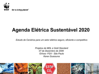 Agenda Elétrica Sustentável 2020 Estudo de Cenários para um setor elétrico seguro, eficiente e competitivo Projetos de MDL e Gold Standard 07 de Dezembro de 2006  GVces- FGV - São Paulo Karen Suassuna 