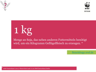 1 kg TET Menge an Soja, das neben anderen Futtermitteln benötigt wird, um ein Kilogramm Geflügelfleisch zu erzeugen. * *  WWF Deutschland. (2011). Fleisch frisst Land. S. 26.  WWF Deutschland, Berlin fleischfrage.wwf.de 