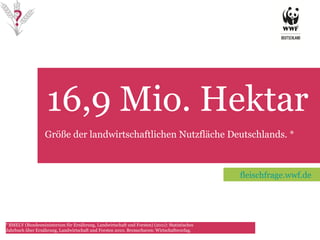16,9 Mio. Hektar   TET Größe der landwirtschaftlichen Nutzfläche Deutschlands. * *   BMELV (Bundesministerium für Ernährung, Landwirtschaft und Forsten) (2011): Statistisches Jahrbuch über Ernährung, Landwirtschaft und Forsten 2010. Bremerhaven: Wirtschaftsverlag . fleischfrage.wwf.de 