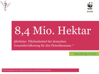 8,4 Mio. Hektar TET jährlicher  Flächenbedarf der deutschen Gesamtbevölkerung für den Fleischkonsum. * *   WWF Deutschland. (2011). Fleisch frisst Land. S. 58.  WWF Deutschland, Berlin fleischfrage.wwf.de 