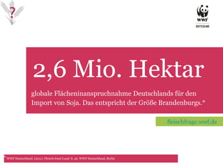 2,6 Mio. Hektar TET globale Flächeninanspruchnahme   Deutschlands für den Import von Soja. Das entspricht der Größe Brandenburgs.* *   WWF Deutschland. (2011). Fleisch frisst Land. S. 46.  WWF Deutschland, Berlin fleischfrage.wwf.de 
