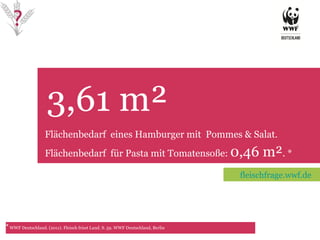 3,61 m² TET Flächenbedarf  eines Hamburger mit  Pommes & Salat. Flächenbedarf  für Pasta mit Tomatensoße:  0,46 m² . * *   WWF Deutschland. (2011). Fleisch frisst Land. S. 59.  WWF Deutschland, Berlin fleischfrage.wwf.de 