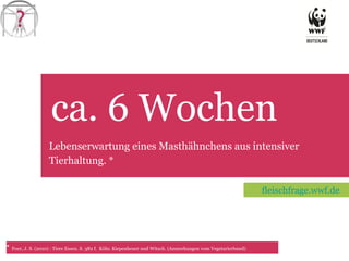 ca. 6 Wochen TET Lebenserwartung eines Masthähnchens aus intensiver Tierhaltung. * *   Foer, J. S. (2010) : Tiere Essen. S. 382 f.  Köln: Kiepenheuer und Witsch. (Anmerkungen vom Vegetarierbund)  fleischfrage.wwf.de 