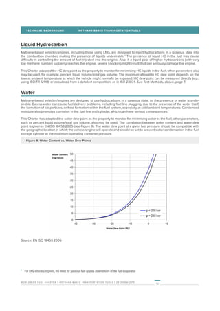 16
worldwide fuel charter | methane-based transportation fuels | 28 October 2019
TECHNICAL BACKGROUND	 METHANE-BASED TRANSPORTATION FUELS
Liquid Hydrocarbon
Methane-based vehicles/engines, including those using LNG, are designed to inject hydrocarbons in a gaseous state into
the combustion chamber, making the presence of liquids undesirable. 1
The presence of liquid HC in the fuel may cause
difficulty in controlling the amount of fuel injected into the engine. Also, if a liquid pool of higher hydrocarbons (with very
low methane number) suddenly reaches the engine, severe knocking might result that can seriously damage the engine.
This Charter adopted the HC dew point as the property to monitor for minimising HC liquids in the fuel; other parameters also
may be used, for example, percent liquid volume/total gas volume. The maximum allowable HC dew point depends on the
lowest ambient temperature to which the vehicle might normally be exposed. HC dew point can be measured directly (e.g.,
using ISO/TR 12148) or calculated from a detailed composition, as in ISO 23874. See Test Methods, above, page 7.
Water
Methane-based vehicles/engines are designed to use hydrocarbons in a gaseous state, so the presence of water is unde-
sirable. Excess water can cause fuel delivery problems, including fuel line plugging, due to the presence of the water itself,
the formation of ice particles, or frost formation within the fuel system, especially at cold ambient temperatures. Condensed
moisture also promotes corrosion in the fuel line and cylinder, which can have serious consequences.
This Charter has adopted the water dew point as the property to monitor for minimising water in the fuel; other parameters,
such as percent liquid volume/total gas volume, also may be used. The correlation between water content and water dew
point is given in EN ISO 18453:2005 (see Figure 9). The water dew point at a given fuel pressure should be compatible with
the geographic location in which the vehicle/engine will operate and should be set to prevent water condensation in the fuel
storage cylinder at the maximum operating container pressure.
Figure 9: Water Content vs. Water Dew Points
Source: EN ISO 18453:2005
1
	 For LNG vehicles/engines, the need for gaseous fuel applies downstream of the fuel evaporator.
 