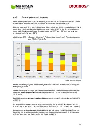 4.3.5            Endenergieverbrauch insgesamt

Der Endenergieverbrauch nach Energieträgern entwickelt sich insgesamt gemäß Tabelle
4.3-42 sowie Tabelle 4.3-43 und Abbildung 4.3-30 sowie Abbildung 4.3-31.

Bis zum Jahr 2050 sinkt der Endenergieverbrauch stetig auf 6.099 PJ (Abnahme um 34 %
gegenüber 2005) und damit um jährlich durchschnittlich 0,92 %. Die jährliche Abnahme
steigt nach den krisenbedingten Schwankungen bis 2020 auf 1,25 % an und sinkt an-
schließend bis 2050 auf 0,75 %.

Abbildung 4.3-30:       Szenario „Referenz“: Endenergieverbrauch nach Energieträgergrup-
                        pen 2005 – 2050, in PJ

       10.000



        8.000



        6.000
  PJ




        4.000



        2.000



            0
                     2005               2020         2030               2040                2050

         Kohle      Mineralölprodukte      Gase   Strom     Fernwärme          Erneuerbare Energien

                                                                               Quelle: ProgTrans / Prognos


Neben dem Rückgang des Gesamtenergieverbrauchs erfolgt eine Umstrukturierung des
Energieträgermixes.

Starke Nachfragerückgänge bei konventionellem Benzin und leichtem Heizöl lassen den
Anteil der Mineralölprodukte im Mix ausgehend von 41 % um 12 Prozentpunkte auf
29 % sinken.

Der Marktanteil der konventionellen Gase nimmt nur um 4 Prozentpunkte ab (von 27 %
auf 23 %).

Im Gegensatz zu Gas und Mineralölprodukten steigt der Anteil des Stroms am Mix um
8 % (von 20 % auf 28 %). Die Stromnachfrage sinkt um 8 % (von 1.868 PJ auf 1.695 PJ).

Der Anteil der erneuerbaren Energien wächst am stärksten. Von 2005 auf 2050 vervier-
facht sich der Anteil der durch Erneuerbare bereitgestellten Energie auf 16 %. Bezogen
auf den Verbrauch von 2005 beträgt der Zuwachs 140 %.




V13_091014                                                                                            111
 