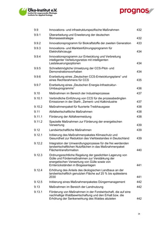 9.9      Innovations- und infrastrukturspezifische Maßnahmen             432
9.9.1    Überarbeitung und Erweiterung der deutschen
         Biomassestrategie                                               432
9.9.2    Innovationsprogramm für Biokraftstoffe der zweiten Generation   433
9.9.3    Innovations- und Markteinführungsprogramm für
         Elektrofahrzeuge                                                434
9.9.4    Innovationsprogramm zur Entwicklung und Verbreitung
         intelligenter Verteilungsnetze mit intelligenten
         Laststeuerungsoptionen                                          434
9.9.5    Schnellstmögliche Umsetzung der CCS-Pilot- und
         Demonstrationsvorhaben                                          434
9.9.6    Erarbeitung eines „Deutschen CCS-Entwicklungsplans“ und
         eines Rechtsrahmens für CCS                                     435
9.9.7    Erarbeitung eines „Deutschen Energie-Infrastruktur-
         Umbauprogramms“                                                 436
9.10     Maßnahmen im Bereich der Industrieprozesse                      437
9.10.1   Verbindliche Einführung von CCS für die prozessbedingten
         Emissionen in der Stahl-, Zement- und Kalkindustrie             437
9.10.2   Maßnahmenpaket für fluorierte Treibhausgase                     438
9.11     Abfallwirtschaftliche Maßnahmen                                 438
9.11.1   Förderung der Abfallvermeidung                                  438
9.11.2   Spezielle Maßnahmen zur Förderung der energetischen
         Verwertung                                                      439
9.12     Landwirtschaftliche Maßnahmen                                   439
9.12.1   Initiierung des Maßnahmenpaketes Klimaschutz und
         Gesundheit zur Reduktion des Viehbestandes in Deutschland       439
9.12.2   Integration der Umwandlungsprozesse für die frei werdenden
         landwirtschaftlichen Nutzflächen in das Maßnahmenpaket
         Flächentransformation                                           440
9.12.3   Ordnungsrechtliche Regelung der gasdichten Lagerung von
         Gülle und Fördermaßnahmen zur Verstärkung der
         energetischen Verwertung von Gülle sowie von
         Ernterückständen in Biogasanlagen                               441
9.12.4   Erhöhung des Anteils des ökologischen Landbaus an der
         landwirtschaftlich genutzten Fläche auf 25 % bis spätestens
         2030                                                            441
9.12.5   Initiierung eines Maßnahmenpaketes Düngermanagement             442
9.13     Maßnahmen im Bereich der Landnutzung                            442
9.13.1   Förderung von Maßnahmen in der Forstwirtschaft, die auf eine
         nachhaltige Waldbewirtschaftung und den Erhalt bzw. die
         Erhöhung der Senkenwirkung des Waldes abzielen                  442




                                                                         IX
 