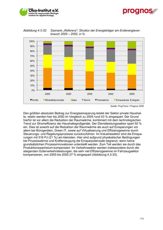Abbildung 4.3-32:     Szenario „Referenz“: Struktur der Energieträger am Endenergiever-
                      brauch 2005 – 2050, in %

    100%

     90%

     80%

     70%

     60%

     50%

     40%

     30%

     20%

     10%

      0%
               2005                2020         2030           2040                  2050

       Kohle   Mineralölprodukte      Gase    Strom    Fernwärme        Erneuerbare Energien

                                                                   Quelle: ProgTrans / Prognos 2009


Den größten absoluten Beitrag zur Energieeinsparung leistet der Sektor private Haushal-
te, relativ werden hier bis 2050 im Vergleich zu 2005 rund 43 % eingespart. Der Grund
hierfür ist vor allem die Reduktion der Raumwärme, kombiniert mit dem technologischen
Trend zur Stromeffizienz der Haushaltsgroßgeräte. Der Dienstleistungssektor spart 50 %
ein. Dies ist sowohl auf die Reduktion der Raumwärme als auch auf Einsparungen vor
allem bei Bürogeräten, Green IT, sowie auf Virtualisierung und Effizienzgewinne durch
Steuerungs- und Regelungsprozesse zurückzuführen. Im Industriesektor sind die Einspa-
rungen mit 516 PJ (21 %) am kleinsten. Hier sind aufgrund physikalischer Bedingungen
bei Prozesswärme und Krafterzeugung die Einsparpotenziale begrenzt, wenn keine
grundsätzlichen Prozessinnovationen unterstellt werden. Zum Teil werden sie durch das
Produktionswachstum kompensiert. Im Verkehrssektor werden insbesondere durch die
steigenden Güterverkehrsleistungen, die sehr viel Effizienzgewinne im Fahrzeugsektor
kompensieren, von 2005 bis 2050 27 % eingespart (Abbildung 4.3-33).




V13_091014                                                                                     113
 
