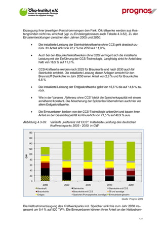 Erzeugung ihrer jeweiligen Reststrommengen den Park. Ölkraftwerke werden aus Kos-
tengründen nicht neu errichtet (vgl. zu Einzelergebnissen auch Tabelle 4.3-52). Zu den
Einzelentwicklungen zwischen den Jahren 2005 und 2050:

             Die installierte Leistung der Steinkohlekraftwerke ohne CCS geht drastisch zu-
              rück. Ihr Anteil sinkt von 22,2 % bis 2050 auf 11,9 %.

             Auch bei den Braunkohlekraftwerken ohne CCS verringert sich die installierte
              Leistung mit der Einführung der CCS-Technologie. Langfristig sinkt ihr Anteil des-
              halb von 16,5 % auf 11,3 %.

             CCS-Kraftwerke werden nach 2025 für Braunkohle und nach 2030 auch für
              Steinkohle errichtet. Die installierte Leistung dieser Anlagen erreicht für den
              Brennstoff Steinkohle im Jahr 2050 einen Anteil von 2,9 % und für Braunkohle
              6,5 %

             Die installierte Leistung der Erdgaskraftwerke geht von 15,6 % bis auf 14,6 % zu-
              rück.

             Wie in der Variante „Referenz ohne CCS“ bleibt die Speicherkapazität mit einem
              annähernd konstant. Die Absicherung der Spitzenlast übernehmen auch hier vor
              allem Erdgaskraftwerke.

             Die Erneuerbaren bleiben von der CCS-Technologie unberührt und bauen ihren
              Anteil an der Gesamtkapazität kontinuierlich von 21,5 % auf 48,9 % aus.

Abbildung 4.3-39:         Variante „Referenz mit CCS“: Installierte Leistung des deutschen
                          Kraftwerksparks 2005 - 2050, in GW

       180

       160

       140

       120

       100
  GW




       80

       60

       40

       20

         0
                 2005               2020              2030                2040                2050
             Kernkraft                     Steinkohle                        Steinkohle mit CCS
             Braunkohle                    Braunkohle mit CCS                Öl und sonstige
             Erdgas                        Speicher (Pumpspeicher, sonstige) Erneuerbare gesamt

                                                                                       Quelle: Prognos 2009


Die Nettostromerzeugung des Kraftwerkparks incl. Speicher sinkt bis zum Jahr 2050 ins-
gesamt um 9,4 % auf 520 TWh. Die Erneuerbaren können ihren Anteil an der Nettostrom-

V13_091014                                                                                             131
 