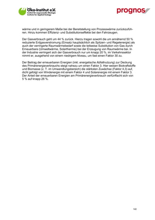 wärme und in geringerem Maße bei der Bereitstellung von Prozesswärme zurückzufüh-
ren. Hinzu kommen Effizienz- und Substitutionseffekte bei den Fahrzeugen.

Der Gasverbrauch geht um 44 % zurück. Hierzu tragen sowohl die um annähernd 50 %
reduzierte Erdgasverstromung (Einsatz hauptsächlich als Spitzen- und Regelenergie) als
auch der verringerte Raumwärmebedarf sowie die teilweise Substitution von Gas durch
Erneuerbare (Umweltwärme, Solarthermie) bei der Erzeugung von Raumwärme bei. In
der Industrie verringert sich der Gasverbrauch nur um knapp 20 %, im Verkehrssektor
nimmt er, ausgehend von einem niedrigem Niveau, um fast einen Faktor 30 zu.

Der Beitrag der erneuerbaren Energien (inkl. energetische Abfallnutzung) zur Deckung
des Primärenergieverbrauchs steigt nahezu um einen Faktor 3. Hier weisen Biokraftstoffe
und Biomasse (z. T. im Umwandlungsbereich) die stärksten Zuwächse (Faktor 4,3) auf,
dicht gefolgt von Windenergie mit einem Faktor 4 und Solarenergie mit einem Faktor 3.
Der Anteil der erneuerbaren Energien am Primärenergieverbrauch verfünffacht sich von
5 % auf knapp 26 %.




V13_091014                                                                           140
 