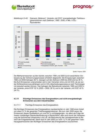 Abbildung 4.3-45:                           Szenario „Referenz“, Variante „mit CCS“: energiebedingte Treibhaus-
                                            gasemissionen nach Sektoren, 1990 - 2050, in Mio. t CO2-
                                            Äquivalenten

                     1.200


                     1.000
 Mio. t CO 2 -Äquivalent




                           800


                           600


                           400


                           200


                             0
                                     1990          2005         2020             2030            2040           2050

                            Private Haushalte             Dienstleistungen                    Industrie
                            Verkehr                       Fernwärmeerzeugung                  Stromerzeugung
                            Sonst. Umwandlung             Energiebed. CO2-Em. gem. Inventar   CH4
                            N2O


                                                                                                         Quelle: Prognos 2009


Die Methanemissionen wurden bereits zwischen 1990 und 2005 durch wesentliche Ver-
besserung der Verbrennungsprozesse erheblich abgesenkt. Die Einsparungen zwischen
1990 und 2050 betragen 82 %, bezogen auf den Zeitraum 2005 bis 2050 sind es 36 %.
Die N2O-Emissionen unterscheiden sich in den Varianten ohne und mit CCS, da sie von
der Kohleverbrennung abhängen und im CO2-Abscheidungsprozess je nach Technologie
mit reduziert werden können. Hier betragen die Reduktionen zwischen 1990 und 2050 in
der Variante „ohne CCS“ 35 % (2005 – 2050: 38 %) und in der Variante „mit CCS“ 42 %
(44 %).



4.3.11                           Flüchtige Emissionen des Energiesektors und nicht-energiebedingte
                                 Emissionen aus dem Industriesektor

4.3.11.1                             Flüchtige Emissionen des Energiesektors

Die flüchtigen Emissionen des Energiesektors repräsentierten im Jahr 1990 einen Anteil
von etwa 2,3 % der gesamten Treibhausgasemissionen. Bis zum Jahr 2005 waren die
Emissionen dieses Quellsektors um rund 54 % zurückgegangen, vor allem als Folge der
massiv rückläufigen Steinkohlenförderung in Deutschland, aber auch durch die Verbesse-
rung der technischen Infrastruktur und z.B. die Reduzierung der Leckageverluste im Be-
reich der Erdgaswirtschaft. Damit sind im Jahr 2005 nur noch 1,2 % der gesamten Treib-
hausgasemissionen den flüchtigen Emissionen des Energiesektors zuzurechnen.




V13_091014                                                                                                               147
 
