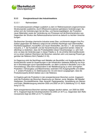 5.3.3        Energieverbrauch des Industriesektors

5.3.3.1        Rahmendaten

Im Innovationsszenario erfolgen zusätzlich zu dem im Referenzszenario angenommenen
Strukturwandel zusätzliche, durch Effizienzinnovationen getriebene Veränderungen: So
wirken sich die Veränderungen bei der Bau- und Sanierungstätigkeit, der Produktion
neuer Materialien sowie der Veränderung von Prozessen auf die Branchenstruktur aus.
Gegenüber der Struktur des Referenzszenarios kommt es dadurch zu leichten Verschie-
bungen:

Die Branchen Sonstige chemische Industrie sowie Glas- und Keramik steigern ihre Pro-
duktion gegenüber der Referenz aufgrund der erhöhten Nachfrage nach Dämmstoffen,
Hochleistungsgläsern, Kunstoffen und neuen Werkstoffen, die hier z. T. der chemischen
Industrie, z. T. der Kunststoff- und der Keramikindustrie zugeordnet werden. Dabei ist
allerdings zu bedenken, dass die Produktpaletten dieser Industriezweige i.a. sehr breit
sind, so dass die Veränderungen in dieser Palette (z. B. die erhöhte Dämmstoffprodukti-
on) zu einem relativen Wachstum der Branchen zwischen zehn und zwanzig Prozent ge-
genüber der Referenz führt (Tabelle 5.3-18).

Im Gegenzug sinkt die Nachfrage nach Metallen als Baustoffen und Ausgangsstoffen für
Konstruktionen sowie für Anwendungen in der Infrastruktur (teilweise Ablösung von Kup-
fer in Stromleitungen durch Spezialwerkstoffe, vor allem zunächst in Bauteilen und in der
Feinverteilung). Dies führt insbesondere in der Metallerzeugung zu einer verringerten
Produktion. Fahrzeugbau und Maschinenbau verändern ihre Ausgangsstoffe und stellen
z. T. andere Produkte (z. B. Elektroautos) her. Es wird davon ausgegangen, dass die
Produktionswerte ähnlich bleiben wie in der Referenz.

Im Ergebnis geht die Produktion in den energieintensiven Branchen zurück. Insgesamt
sinkt die Produktion der Branchen Gewinnung von Steinen, sonst. Bergbau, NE-Metalle/
Gießereien, Grundstoffchemie, Glas, Keramik, Papiergewerbe, Verarbeitung von Steinen
und Erden, Metallerzeugung zwischen 2005 und 2050 um 24 % (Abbildung 5.3-12, Abbil-
dung 5.3-13).

Nicht energieintensive Branchen wachsen dagegen deutlich stärker, von 2005 bis 2050
44 %. Insgesamt legt die Industrieproduktion bis 2050 um 34 % zu. Gegenüber dem Refe-
renzszenario liegt sie 2050 um 0,7 % niedriger.




V13_091014                                                                             200
 
