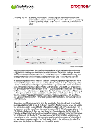 Abbildung 5.3-13:          Szenario „Innnovation“: Entwicklung der Industrieproduktion nach
                           energieintensiven und nicht energieintensiven Branchen (Abgrenzung
                           der Energiebilanz), 2005 – 2050, indexiert (in Mrd. €, in Preisen von
                           2000)

              160



              140



              120
  Indexwert




              100



              80



              60
                    2005              2020             2030          2040               2050

                           energieintensive Branchen                übrige Branchen

                                                                                  Quelle: Prognos 2009


Die grundsätzliche Struktur des Sektors verändert sich aufgrund der hohen Differenzie-
rung jedoch nur wenig. Wie im Referenzszenario werden die größten Beiträge auch im
Innovationsszenario vom Maschinenbau, dem Fahrzeugbau, der Metallbearbeitung, der
sonstigen chemischen Industrie sowie der Ernährungs- und Tabakindustrie erbracht.

Im Betrachtungszeitraum ist mit einer weiteren Verringerung der Energieintensität in den
einzelnen Industriebranchen zu rechnen. Diese führt - wie auch im Dienstleistungssektor
– zu einer stärkeren Absenkung der spezifischen Energieverbräuche als im Referenzsze-
nario. Effizienzpotenziale werden schneller und vollständig umgesetzt. Die angenomme-
nen grundsätzlichen Verschiebungen und z. T. Substitutionen bei Prozessen und Produk-
ten führen im Innovationsszenario gegenüber der Referenz zu einer weiteren Absenkung
der Energieintensität. Beispiele hierfür sind katalytische und biologische Prozesse in der
Chemie, die den Prozesswärmebedarf verringern, Trocknungsprozesse mit geschlosse-
nen Lösungsmittelkreisläufen, Härtungsprozesse mit Infrarotlasern, Reinigungsprozesse
mit UV-Licht etc.

Gegenüber dem Referenzszenario sinkt der spezifische Energieverbrauch branchenab-
hängig zusätzlich um 30 % bis 40 %. In den Branchen Metallerzeugung sowie NE-Metalle
und Gießereien bleibt der zusätzliche Effizienzgewinn begrenzt. Im Vergleich zum Refe-
renzszenario sinkt der spezifische Verbrauch zwischen 10 % (Metallerzeugung) und 18 %
(NE-Metalle, Gießereien). Dies hat zwei Ursachen: Einerseits steigt die Wertigkeit der
Produkte und Werkstoffe aufgrund ihrer spezifischen und maßgeschneiderten Eigenschaf-
ten, andererseits werden durch Prozessveränderungen (hier vor allem Miniaturisierung,
Integration und hohe räumliche Konzentration des Energieeinsatzes am Werkstück) wei-
tere Verringerungen der spezifischen Verbräuche möglich, die bei konventionellen Pro-
zessen aus physikalischen Gründen nicht erreichbar wären.


V13_091014                                                                                        202
 