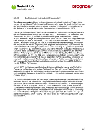 5.3.4.3       Der Endenergieverbrauch im Straßenverkehr

Beim Personenverkehr führen im Innovationsszenario die rückgängigen Verkehrsleis-
tungen, die signifikante Veränderung des Fahrzeugparks sowie die deutliche Verringerung
der spezifischen Energieverbräuche bei den einzelnen Antriebsarten noch stärker als in
der Referenz zu einem Rückgang des Energieverbrauchs um insgesamt 67 %.

Fahrzeuge mit reinem ottomotorischem Antrieb werden zunehmend durch Hybridfahrzeu-
ge und Dieselfahrzeuge substituiert und etwa ab 2030, spätestens 2035, nicht mehr neu
zugelassen. Im Jahr 2050 sind sie aus dem Fahrzeugpark verschwunden (Tabelle
5.3-27). Hybridfahrzeuge werden systematisch entwickelt und in den Fahrzeugpark einge-
führt. Beträgt ihre Zahl in 2010 noch 47.000, sind es 2015 bereits fast 500.000 und in
2020 4,1 Millionen Fahrzeuge. Im Jahr 2028 erreicht der Bestand mit knapp 20 Millionen
das Maximum, um danach langsam zurück zugehen, denn dann wirkt sich allmählich die
nächste Welle der Fahrzeugevolution auf den Markt aus: Plug-in-Hybride erreichen 2026
einen Bestand von gut einer Million, 2035 knapp zwei Millionen und 2050 schließlich 12,6
Millionen. Reine Elektrofahrzeuge kommen leicht zeitversetzt in den Park, sie erreichen
2028 die Millionengrenze, 2039 die fünf Millionen und bis 2050 gut 8,1 Millionen. Diesel-
fahrzeuge setzen bis 2018 mit 16,2 Mio. Fahrzeugen zunächst den seit einigen Jahren zu
beobachtenden „Dieseltrend“ fort; danach beginnt die Fahrzeuganzahl zu sinken und Die-
selantriebe verlieren massiv Marktanteile an alle anderen Antriebsarten. Brennstoffzellen-
fahrzeuge werden in die Großversuchsphase entwickelt und erreichen 2050 die Marke
von ca. 1 Million Fahrzeugen.

Im Jahr 2050 sind beinahe zwei Drittel der Fahrzeuge Hybridfahrzeuge, ein Fünftel der
Fahrzeuge verfügt über einen reinen Elektroantrieb. Die Hybrid- und Elektrofahrzeuge
haben auf der Ebene der spezifischen Endenergieverbräuche gegenüber den allein kraft-
stoffbetriebenen PKW erhebliche Effizienzvorteile. 15 % der Fahrzeuge sind gasbetrieben
(Tabelle 5.3-27).

Die spezifischen Verbräuche der Fahrzeuge sinken gegenüber der Referenzentwicklung
nochmals deutlich: Bei den Benzin- und gasbetriebenen Fahrzeugen reduziert sich der
spezifische Verbrauch der Gesamtflotte im Durchschnitt um knapp 50 % (bei Neuwagen
bis 2050 um bis zu 60 %). Bei Tabelle 5.3-27 ist zu beachten, dass es sich jeweils um
Durchschnittswerte der gesamten Flotte, nicht allein der Neufahrzeuge handelt. Bezogen
auf die gesamte Fahrzeugflotte verbessert sich die Energieeffizienz um 64 %. Dies hängt
vor allem mit dem Vordringen der Elektrofahrzeuge zusammen, da deren Endenergieeffi-
zienz um mindestens einen Faktor 2 - 2,5 höher ist als bei verbrennungsmotorisch anget-
riebenen PKW.




V13_091014                                                                             217
 