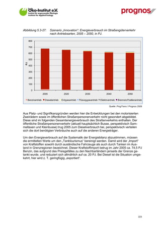 Abbildung 5.3-27:         Szenario „Innovation“: Energieverbrauch im Straßengüterverkehr
                          nach Antriebsarten, 2005 – 2050, in PJ.

       800

       700

       600

       500
  PJ




       400

       300

       200

       100

         0
                   2005               2020               2030                2040                  2050

   Benzinantrieb    Dieselantrieb   Erdgasantrieb   Flüssiggasantrieb   Elektroantrieb   Brennstof f zellenantrieb

                                                                                Quelle: ProgTrans / Prognos 2009


Aus Platz- und Signifikanzgründen werden hier die Entwicklungen bei den motorisierten
Zweirädern sowie im öffentlichen Straßenpersonenverkehr nicht gesondert abgebildet.
Diese sind im folgenden Gesamtenergieverbrauch des Straßenverkehrs enthalten. Der
öffentliche Straßenpersonenverkehr (aktuell hauptsächlich Busse, perspektivisch Sam-
meltaxen und Kleinbusse) trug 2005 zum Dieselverbrauch bei, perspektivisch verteilen
sich die dort benötigten Verbräuche auch auf die anderen Energieträger.

Um den Energieverbrauch auf die Systematik der Energiebilanz abzustimmen, müssen
die ermittelten Werte um den „Tanktourismus“ bereinigt werden. Damit wird der „Import“
von Kraftstoffen sowohl durch ausländische Fahrzeuge als auch durch Tanken im Aus-
land in Grenzregionen bezeichnet. Dieser Kraftstoffimport betrug im Jahr 2005 ca. 74,5 PJ
Benzin, das aufgrund des Preisgefälles zu den Nachbarländern jenseits der Grenze ge-
tankt wurde, und reduziert sich allmählich auf ca. 20 PJ. Bei Diesel ist die Situation umge-
kehrt, hier wird z. T. geringfügig „exportiert“.




V13_091014                                                                                                    223
 