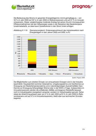 Die Bedeutung des Stroms im gesamten Energieträgermix nimmt geringfügig zu – von
34 % im Jahr 2005 auf 39 % im Jahr 2050 im Referenzszenario und auf 41 % im Innovati-
onsszenario. Dieser vergleichsweise moderate Anstieg hat seinen Grund in konsequenten
Effizienzmaßnahmen bei den Hilfsenergien sowie in der Reduktion des Niedertempera-
turwärmebedarfs, so dass kaum Substitutionen in den Strom hinein erfolgen.

Abbildung 6.1-19:      Szenarienvergleich: Endenergieverbrauch des Industriesektors nach
                       Energieträgern in den Jahren 2005 und 2050, in PJ

       2.600
       2.400
       2.200
       2.000
       1.800
       1.600
       1.400
  PJ




       1.200
       1.000
        800
        600
        400
        200
           0
                        2005                    2050 Ref erenz           2050 Innovation

         Steinkohle   Braunkohle   Mineralöle    Gase       Strom   Fernwärme       Erneuerbare

                                                                                Quelle: Prognos 2009


Die Möglichkeiten zum direkten Einsatz von erneuerbaren Energien sind in der Industrie
beschränkt: Hauptsächlich kommen Solarwärme, Umgebungswärme und Geothermie zur
Erzeugung von Niedertemperaturwärme und in standortgünstigen Ausnahmefällen Geo-
thermie zur Erzeugung höhergrädiger Wärme oder in der KWK in Frage. Insbesondere im
Innovationsszenario werden die anfallenden Abfälle und biogenen Reststoffe bewusst
nicht im Industriesektor energetisch verwertet, sondern im Verkehrssektor genutzt. Daher
steigt der Anteil Erneuerbarer zwar von 5 % im Jahr 2005 auf 8 % im Jahr 2050 im Refe-
renzszenario und auf 9 % im Innovationsszenario, bleibt aber aus technischen Gründen
begrenzt.




V13_091014                                                                                      314
 