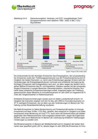 Abbildung 6.4-2:                              Szenarienvergleich, Varianten „mit CCS“: energiebedingte Treib-
                                              hausgasemissionen nach Sektoren 1990 - 2050, in Mio. t CO2-
                                              Äquivalenten

                          1.400


                          1.200


                          1.000
  Mio. t CO2-Äquivalent




                           800


                           600


                           400


                           200


                              0
                                           1990                 2005                Ref erenz 2050          Innovation 2050
                           Private Haushalte                 Dienstleistungen                    Industrie
                           Verkehr                           Umwandl. gesamt (mit CCS)           Ebed. sonst. Emiss. (mit CCS)
                           Flüchtige und prozessbed Emiss.   Produktverwendung                   Landwirtschaft
                           Landnutzung und Forsten           Abfallwirtschaft                    Insgesamt THG-Emissionen

                                                                                                 Quelle: Prognos/ Öko-Institut 2009


Die Unterschiede bei den flüchtigen Emissionen des Energiesektors, den prozessbeding-
ten Emissionen sowie den Treibhausgasemissionen aus der Produktverwendung sind im
Vergleich der beiden Szenarien v.a. durch zwei Entwicklungen geprägt. Erstens zieht die
Veränderungen der Energieträgerstrukturen nochmals eine erhebliche Verringerung der
flüchtigen Emissionen des Energiesektors nach sich, vor allem wegen der deutlich verrin-
gerten Methan-Emissionen des Öl- und Gassektors. Zweitens werden bei den prozessbe-
dingten Emissionen in einigen Bereichen (Zementproduktion, chemische Industrie, fluo-
rierte Gase) erhebliche Emissionsminderungen erzielt. Insgesamt liegen die Treibhaus-
gasemissionen dieser Bereiche im Innovationsszenario im Jahr 2050 um insgesamt 82 %
unter den Vergleichswerten im Referenzszenario.

Erhebliche Emissionsminderungen werden auch im Sektor Landwirtschaft erreicht. Im
Vergleich der Szenarien ergeben sich hier für das Jahr 2050 im Innovationsszenario um
37 % niedrigere Emissionen, die vor allem aus den Veränderungen im Bereich der Tier-
haltung und der Bodenbewirtschaftung resultieren.

Die Netto-Emissionen im Sektor Bodennutzung und Forstwirtschaft werden im Innovati-
onsszenario auf etwa 18 Mio. t CO2-Äqu. gesenkt, dies entspricht im Vergleich zum Refe-
renzszenario einer Minderung um rund 71 %. Auch wenn die Senkenfunktion der Wälder
gegenüber dem Referenzszenario nicht ausgebaut werden kann, zeigen die Ergebnisse
deutlich, dass durch Maßnahmen im Bereich der Landnutzung erhebliche Treibhausgas-
minderungen zu erzielen sind.

Die Minderemissionen im Bereich der Abfallwirtschaft sind im Vergleich der beiden Sze-
narien zwar spezifisch groß (-28 %), absolut liegen im Jahr 2050 die Emissionen im Inno-


V13_091014                                                                                                                       354
 