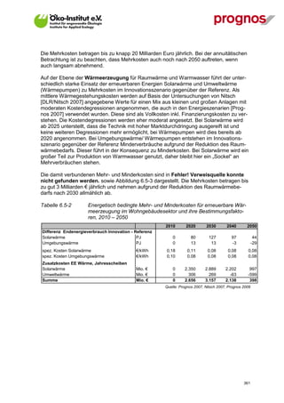 Die Mehrkosten betragen bis zu knapp 20 Milliarden Euro jährlich. Bei der annuitätischen
Betrachtung ist zu beachten, dass Mehrkosten auch noch nach 2050 auftreten, wenn
auch langsam abnehmend.

Auf der Ebene der Wärmeerzeugung für Raumwärme und Warmwasser führt der unter-
schiedlich starke Einsatz der erneuerbaren Energien Solarwärme und Umweltwärme
(Wärmepumpen) zu Mehrkosten im Innovationsszenario gegenüber der Referenz. Als
mittlere Wärmegestehungskosten werden auf Basis der Untersuchungen von Nitsch
[DLR/Nitsch 2007] angegebene Werte für einen Mix aus kleinen und großen Anlagen mit
moderaten Kostendegressionen angenommen, die auch in den Energieszenarien [Prog-
nos 2007] verwendet wurden. Diese sind als Vollkosten inkl. Finanzierungskosten zu ver-
stehen. Die Kostendegressionen werden eher moderat angesetzt. Bei Solarwärme wird
ab 2025 unterstellt, dass die Technik mit hoher Marktdurchdringung ausgereift ist und
keine weiteren Degressionen mehr ermöglicht, bei Wärmepumpen wird dies bereits ab
2020 angenommen. Bei Umgebungswärme/ Wärmepumpen entstehen im Innovations-
szenario gegenüber der Referenz Minderverbräuche aufgrund der Reduktion des Raum-
wärmebedarfs. Dieser führt in der Konsequenz zu Minderkosten. Bei Solarwärme wird ein
großer Teil zur Produktion von Warmwasser genutzt, daher bleibt hier ein „Sockel“ an
Mehrverbräuchen stehen.

Die damit verbundenen Mehr- und Minderkosten sind in Fehler! Verweisquelle konnte
nicht gefunden werden. sowie Abbildung 6.5-3 dargestellt. Die Mehrkosten betragen bis
zu gut 3 Milliarden € jährlich und nehmen aufgrund der Reduktion des Raumwärmebe-
darfs nach 2030 allmählich ab.

Tabelle 6.5-2        Energetisch bedingte Mehr- und Minderkosten für erneuerbare Wär-
                     meerzeugung im Wohngebäudesektor und ihre Bestimmungsfakto-
                     ren, 2010 – 2050
                                                      2010       2020       2030        2040       2050
Differenz Endenergieverbrauch Innovation - Referenz
Solarwärme                                  PJ            0         80        127         97             44
Umgebungswärme                              PJ            0         13         13         -3            -29
spez. Kosten Solarwärme                    €/kWh      0,18        0,11       0,08       0,08       0,08
spez. Kosten Umgebungswärme                €/kWh      0,10        0,08       0,08       0,08       0,08
Zusatzkosten EE Wärme, Jahresscheiben
Solarwärme                                 Mio. €         0     2.350       2.889      2.202        997
Umweltwärme                                Mio. €         0       306         269        -63       -599
Summe                                      Mio. €         0     2.656       3.157      2.138        398
                                                      Quelle: Prognos 2007, Nitsch 2007, Prognos 2009




V13_091014                                                                                       361
 