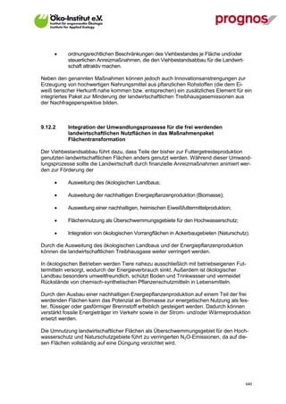       ordnungsrechtlichen Beschränkungen des Viehbestandes je Fläche und/oder
             steuerlichen Anreizmaßnahmen, die den Viehbestandsabbau für die Landwirt-
             schaft attraktiv machen.

Neben den genannten Maßnahmen können jedoch auch Innovationsanstrengungen zur
Erzeugung von hochwertigen Nahrungsmittel aus pflanzlichen Rohstoffen (die dem Ei-
weiß tierischer Herkunft nahe kommen bzw. entsprechen) ein zusätzliches Element für ein
integriertes Paket zur Minderung der landwirtschaftlichen Treibhausgasemissionen aus
der Nachfrageperspektive bilden.



9.12.2       Integration der Umwandlungsprozesse für die frei werdenden
             landwirtschaftlichen Nutzflächen in das Maßnahmenpaket
             Flächentransformation

Der Viehbestandsabbau führt dazu, dass Teile der bisher zur Futtergetreideproduktion
genutzten landwirtschaftlichen Flächen anders genutzt werden. Während dieser Umwand-
lungsprozesse sollte die Landwirtschaft durch finanzielle Anreizmaßnahmen animiert wer-
den zur Förderung der

            Ausweitung des ökologischen Landbaus;

            Ausweitung der nachhaltigen Energiepflanzenproduktion (Biomasse);

            Ausweitung einer nachhaltigen, heimischen Eiweißfuttermittelproduktion;

            Flächennutzung als Überschwemmungsgebiete für den Hochwasserschutz;

            Integration von ökologischen Vorrangflächen in Ackerbaugebieten (Naturschutz).

Durch die Ausweitung des ökologischen Landbaus und der Energiepflanzenproduktion
können die landwirtschaftlichen Treibhausgase weiter verringert werden.

In ökologischen Betrieben werden Tiere nahezu ausschließlich mit betriebseigenen Fut-
termitteln versorgt, wodurch der Energieverbrauch sinkt. Außerdem ist ökologischer
Landbau besonders umweltfreundlich, schützt Boden und Trinkwasser und vermeidet
Rückstände von chemisch-synthetischen Pflanzenschutzmitteln in Lebensmitteln.

Durch den Ausbau einer nachhaltigen Energiepflanzenproduktion auf einem Teil der frei
werdenden Flächen kann das Potenzial an Biomasse zur energetischen Nutzung als fes-
ter, flüssiger oder gasförmiger Brennstoff erheblich gesteigert werden. Dadurch können
verstärkt fossile Energieträger im Verkehr sowie in der Strom- und/oder Wärmeproduktion
ersetzt werden.

Die Umnutzung landwirtschaftlicher Flächen als Überschwemmungsgebiet für den Hoch-
wasserschutz und Naturschutzgebiete führt zu verringerten N2O-Emissionen, da auf die-
sen Flächen vollständig auf eine Düngung verzichtet wird.




V13_091014                                                                               440
 