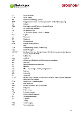 i.A.         im Allgemeinen
i.d.R.       in der Regel
IEA          International Energy Agency
IEKP         Integriertes Energie- und Klimaprogramm der Bundesregierung
inkl.        Inklusive
IPCC         Intergovernmental Panel on Climate Change
IT           Informationstechnologie
i.W.         im Wesentlichen
J            Joule (Physikalische Einheit für Arbeit)
Kap.         Kapitel
km           Kilometer
KW           Kraftwerk
kWh          Kilowattstunde
KWK          Kraft-Wärme-Kopplung
l            Liter
LED          Light Emitting Diode (Leuchtdiode)
LKW          Lastkraftwagen
LULUCF       Land use, land use change, forestry (Landnutzung, Landnutzungsände-
             rungen, Forstwirtschaft)
m3           Kubikmeter
max.         maximal
MBA          Mechanisch-Biologische Abfallbehandlungsanlagen
Mio.         Millionen
MIV          Motorisierter Individualverkehr
Mrd.         Milliarde
MSR          Meß-, Steuerungs- und Regelungstechnik
N2O          Lachgas
NOx          Stickoxide
O2           Sauerstoff
OLED         Organic Light Emitting Diode (Leuchtdiode auf Basis organischer Mate-
             rialien, z.B. Farbstoffe)
ÖPV          Öffentlicher Personenverkehr
o.ä.         oder ähnliches
PHH          Private Haushalte, Haushaltssektor
PJ           Petajoule
PU           Polyurethan
PVvk         Personenverkehr
PV           Photovoltaik/Fotovoltaik
SF6          Schwefelhexafluorid
Sz           Szenario
t            Tonne
THG          Treibhausgase
TWh          Terawattstunde


V13_091014                                                                      461
 