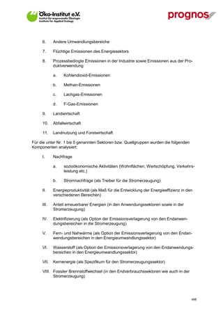 6.     Andere Umwandlungsbereiche

      7.     Flüchtige Emissionen des Energiesektors

      8.     Prozessbedingte Emissionen in der Industrie sowie Emissionen aus der Pro-
             duktverwendung

             a.    Kohlendioxid-Emissionen

             b.    Methan-Emissionen

             c.    Lachgas-Emissionen

             d.    F-Gas-Emissionen

      9.     Landwirtschaft

      10.    Abfallwirtschaft

      11.    Landnutzung und Forstwirtschaft

Für die unter Nr. 1 bis 5 genannten Sektoren bzw. Quellgruppen wurden die folgenden
Komponenten analysiert:

      I.     Nachfrage

             a.    sozioökonomische Aktivitäten (Wohnflächen, Wertschöpfung, Verkehrs-
                   leistung etc.)

             b.    Stromnachfrage (als Treiber für die Stromerzeugung)

      II.    Energieproduktivität (als Maß für die Entwicklung der Energieeffizienz in den
             verschiedenen Bereichen)

      III.   Anteil erneuerbarer Energien (in den Anwendungssektoren sowie in der
             Stromerzeugung)

      IV.    Elektrifizierung (als Option der Emissionsverlagerung von den Endanwen-
             dungsbereichen in die Stromerzeugung)

      V.     Fern- und Nahwärme (als Option der Emissionsverlagerung von den Endan-
             wendungsbereichen in den Energieumwandlungssektor)

      VI.    Wasserstoff (als Option der Emissionsverlagerung von den Endanwendungs-
             bereichen in den Energieumwandlungssektor)

      VII.   Kernenergie (als Spezifikum für den Stromerzeugungssektor)

      VIII. Fossiler Brennstoffwechsel (in den Endverbrauchssektoren wie auch in der
            Stromerzeugung)




V13_091014                                                                               488
 