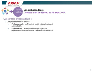 3
Les ambassadeurs
Composition du réseau au 19 sept 2014
Appui	
  mé(er	
  
par	
  les	
  
ambassadeur
s
Qui sont les ambassadeurs ?
• Des professionnels de terrain :
– Professionnels : profil chef de projet, médical, soignant,
administratif…
– Expérimentés : ayant participé au pilotage d’un
déploiement SI dans au moins 1 domaine fonctionnel HN
 