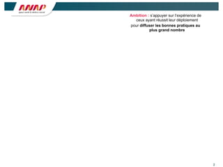 2
Ambition : s’appuyer sur l’expérience de
ceux ayant réussit leur déploiement
pour diffuser les bonnes pratiques au
plus grand nombre
 