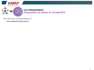 3
Les ambassadeurs
Composition du réseau au 19 sept 2014
Appui	
  mé(er	
  
par	
  les	
  
ambassadeur
s
Qui sont les ambassadeurs ?
• Des professionnels de terrain :
 