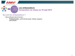 3
Les ambassadeurs
Composition du réseau au 19 sept 2014
Appui	
  mé(er	
  
par	
  les	
  
ambassadeur
s
Qui sont les ambassadeurs ?
• Des professionnels de terrain :
– Professionnels : profil chef de projet, médical, soignant,
administratif…
 