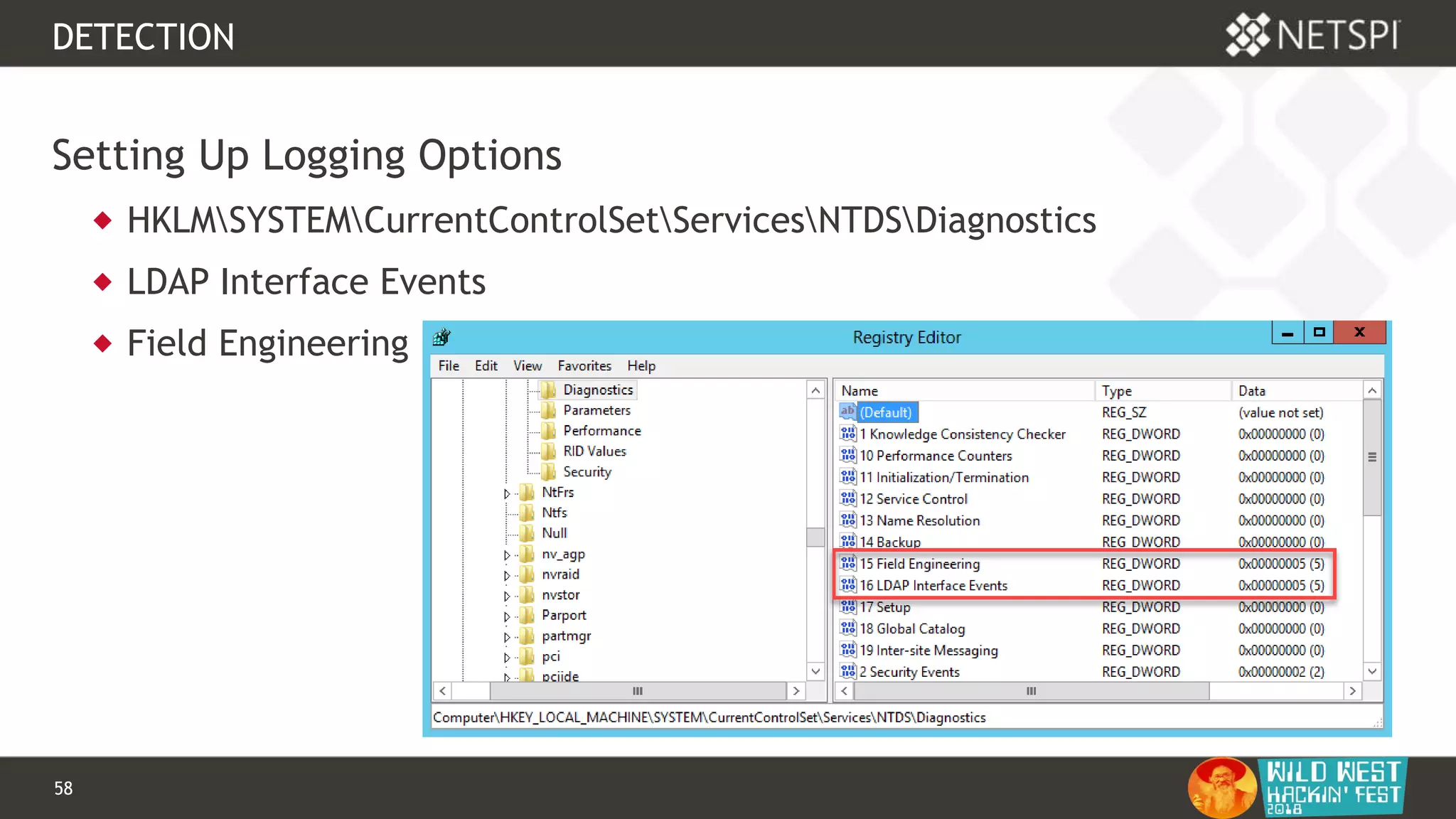 58 Confidential & Proprietary
DETECTION
Setting Up Logging Options
 HKLMSYSTEMCurrentControlSetServicesNTDSDiagnostics
 LDAP Interface Events
 Field Engineering
 