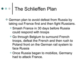 The Schlieffen Plan

   German plan to avoid defeat from Russia by
    taking out France first and then fight Russians.
      Smash France in 30 days before Russia
       could respond with troops
      Go through Belgium to surround French
       troops, defeat the French and then rush to
       Poland front on the German rail system to
       face Russia
      Once Russia began to mobilize, Germany
       had to attack France.
 