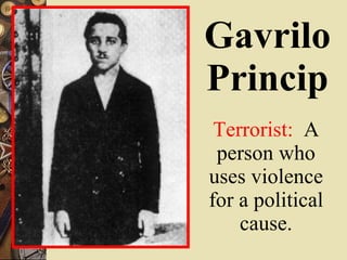 Gavrilo Princip Terrorist:   A person who uses violence for a political cause. 