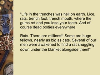 “ Life in the trenches was hell on earth. Lice, rats, trench foot, trench mouth, where the gums rot and you lose your teeth. And of course dead bodies everywhere.   Rats. There are millions!! Some are huge fellows, nearly as big as cats. Several of our men were awakened to find a rat snuggling down under the blanket alongside them! ” 