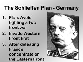 The Schlieffen Plan - Germany
1. Plan: Avoid
   fighting a two
   front war
2. Invade Western
   Front first
3. After defeating
   France
   concentrate on
   the Eastern Front
 