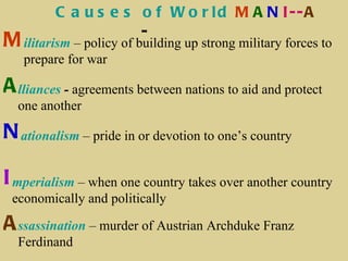 C a u s e s o f W o r l d M A N II- - A
                                   Wa r
                     -
M ilitarism – policy of building up strong military forces to
   prepare for war

A lliances - agreements between nations to aid and protect
  one another

N ationalism – pride in or devotion to one’s country

I mperialism – when one country takes over another country
 economically and politically

A ssassination – murder of Austrian Archduke Franz
  Ferdinand
 